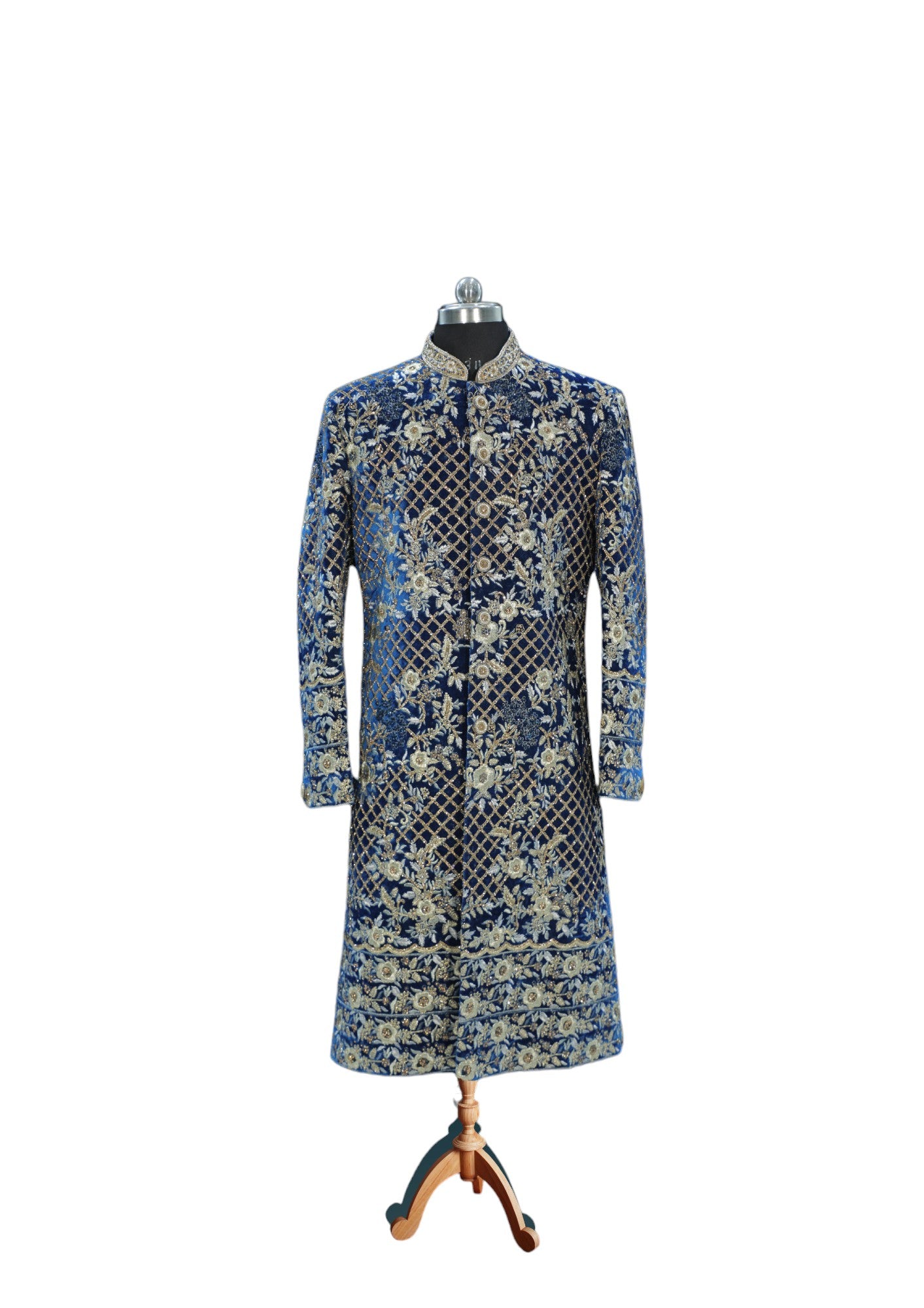Maharajas Designer Artisanal Sherwani Blue and Silver