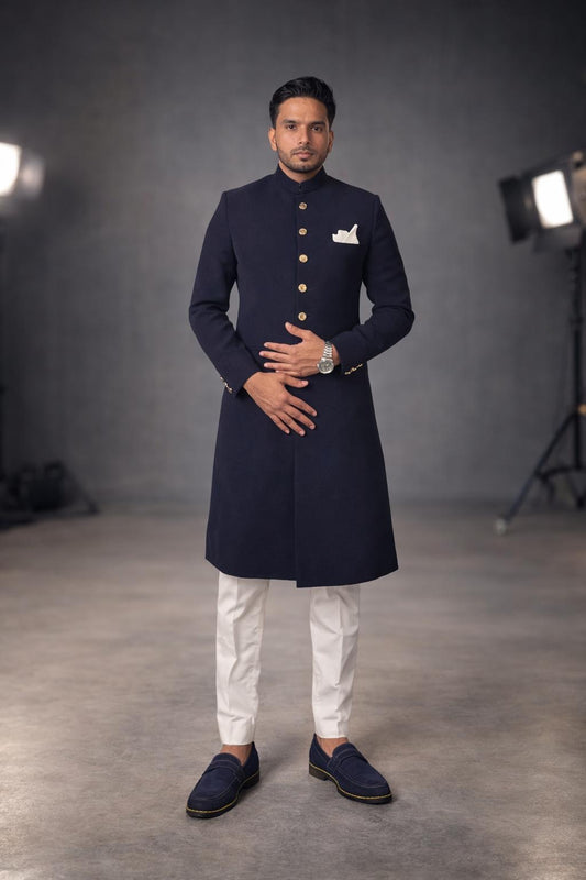 Luxury Fabric Blue Designer Sherwani with Custom Metal Buttons