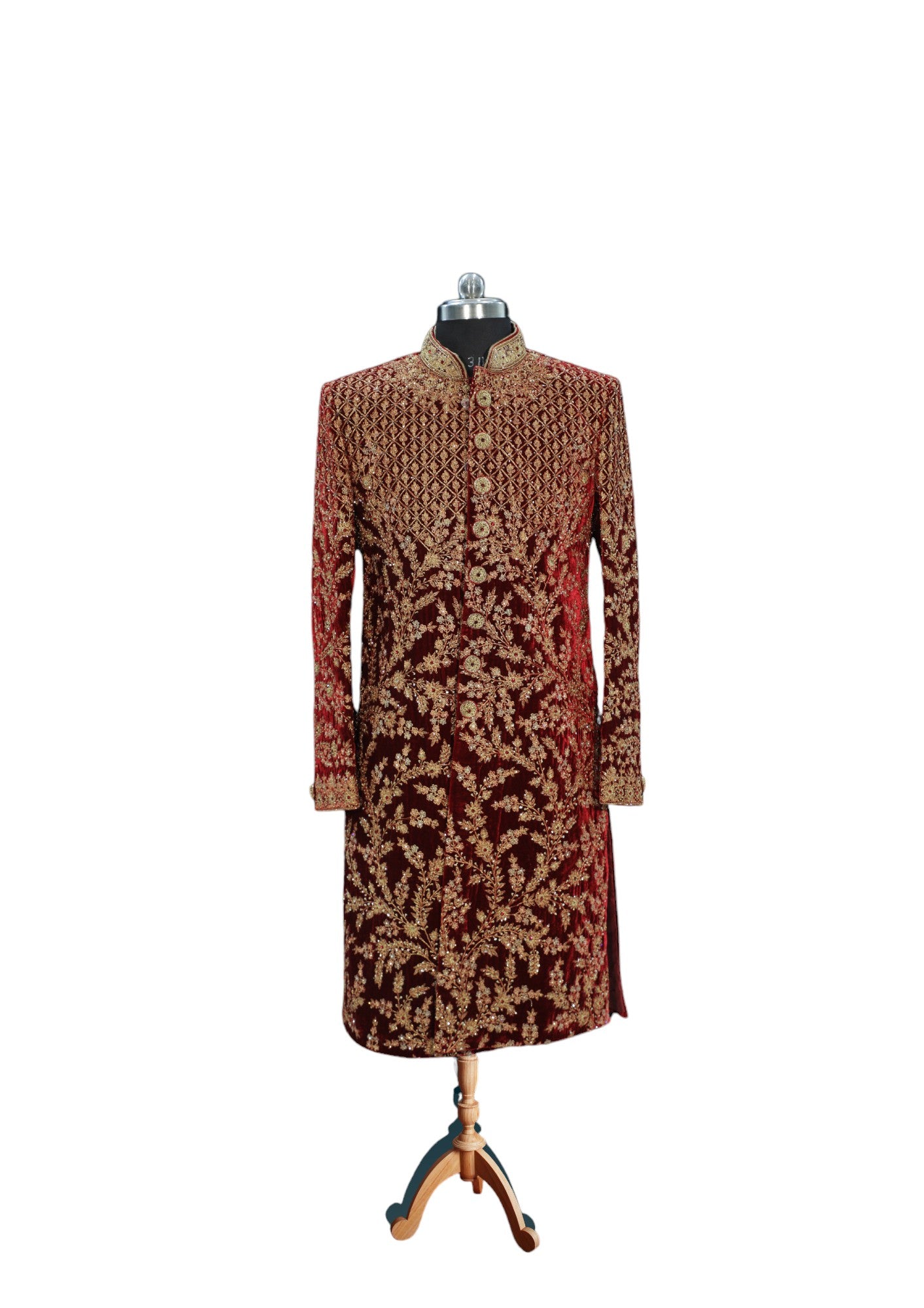 Maharajas Designer Artisanal Sherwani Maroon and Gold