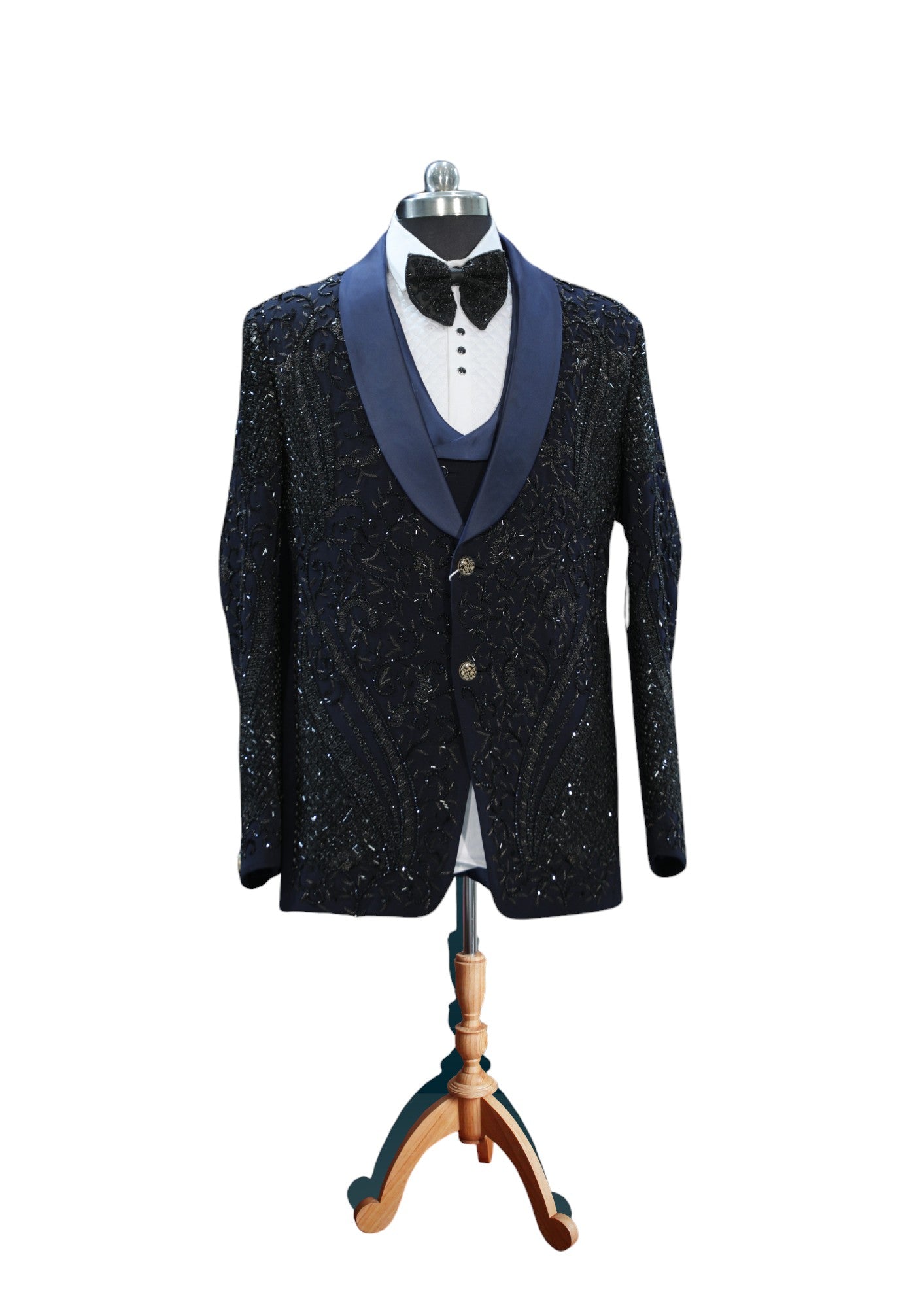 Maharajas Custom Artisanal Blue Shawl Lapel Black Tuxedo
