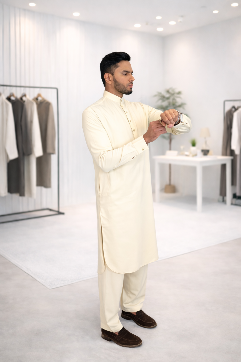 Beige Wrinkle Resistant Kameez Shalwar