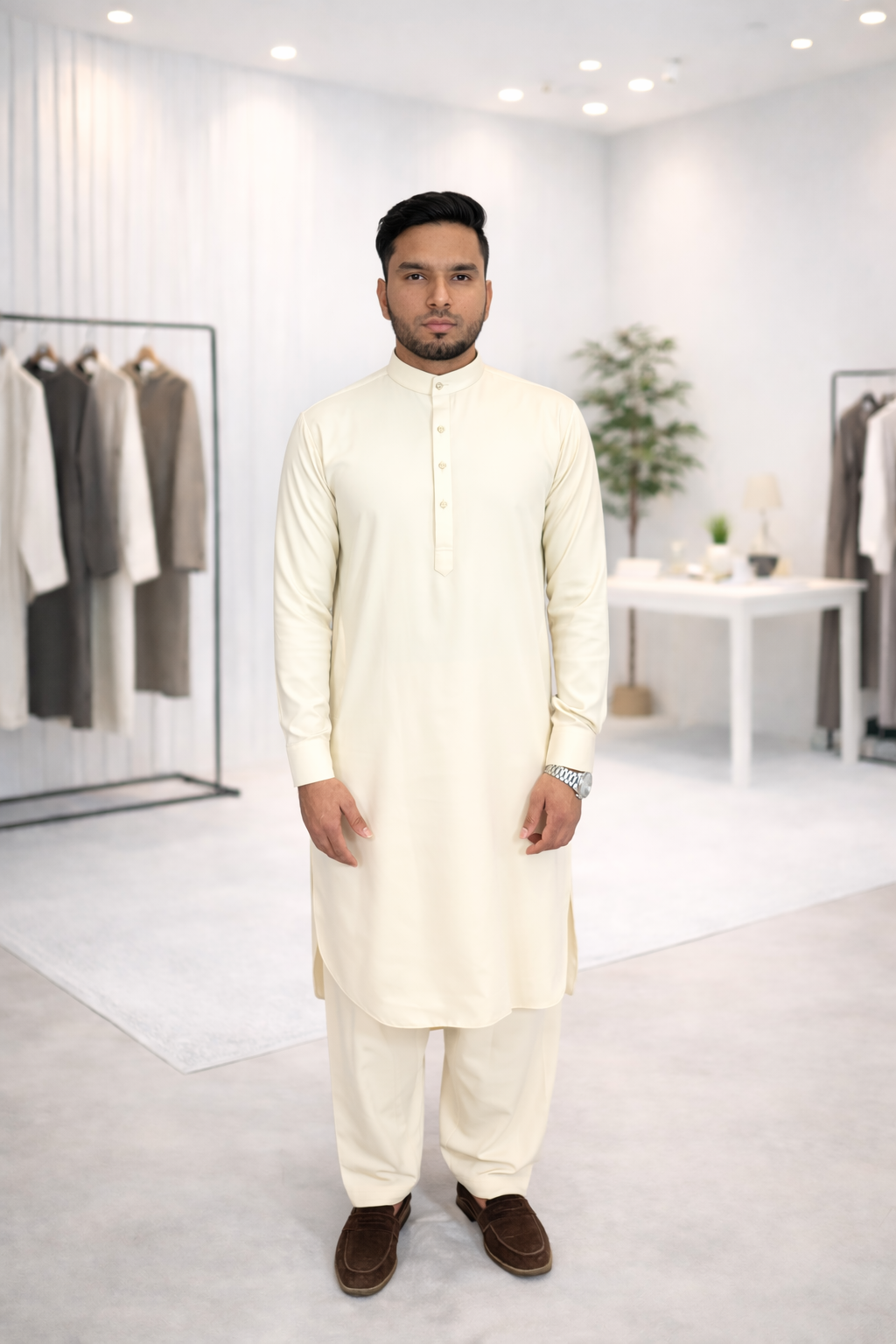 Beige Wrinkle Resistant Kameez Shalwar