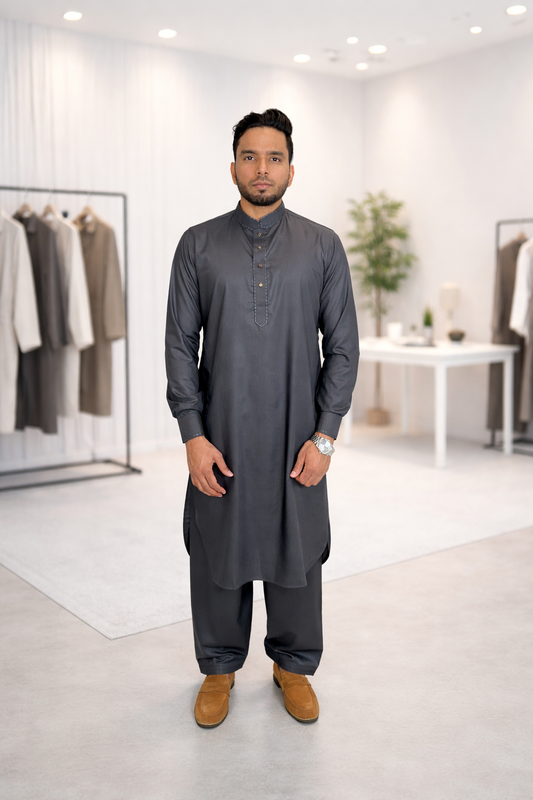 Charcoal Grey Four Stitch Kameez Shalwar