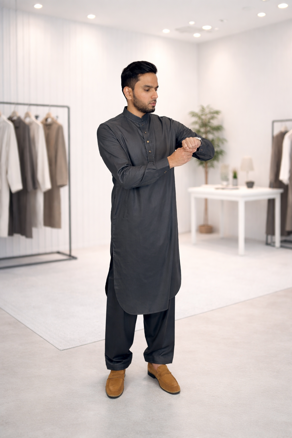 Charcoal Grey Four Stitch Kameez Shalwar